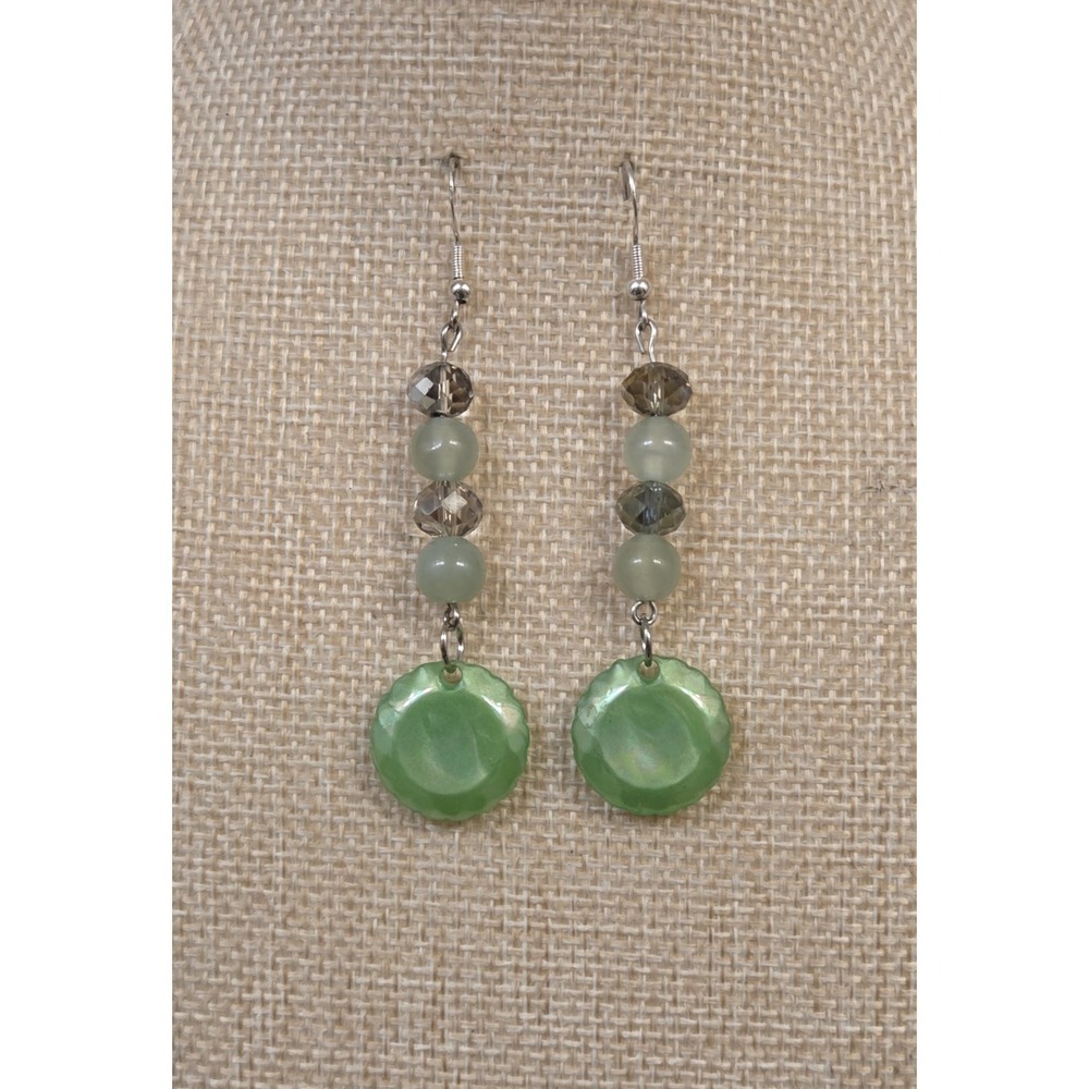 Unique Sterling Silver Green Czech Glass & Swarovski Crystal Dangles Earrings